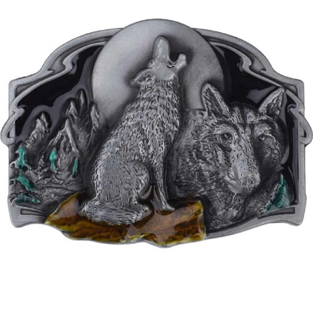 Nordic Viking wolf wolves howling at moon belt buckle